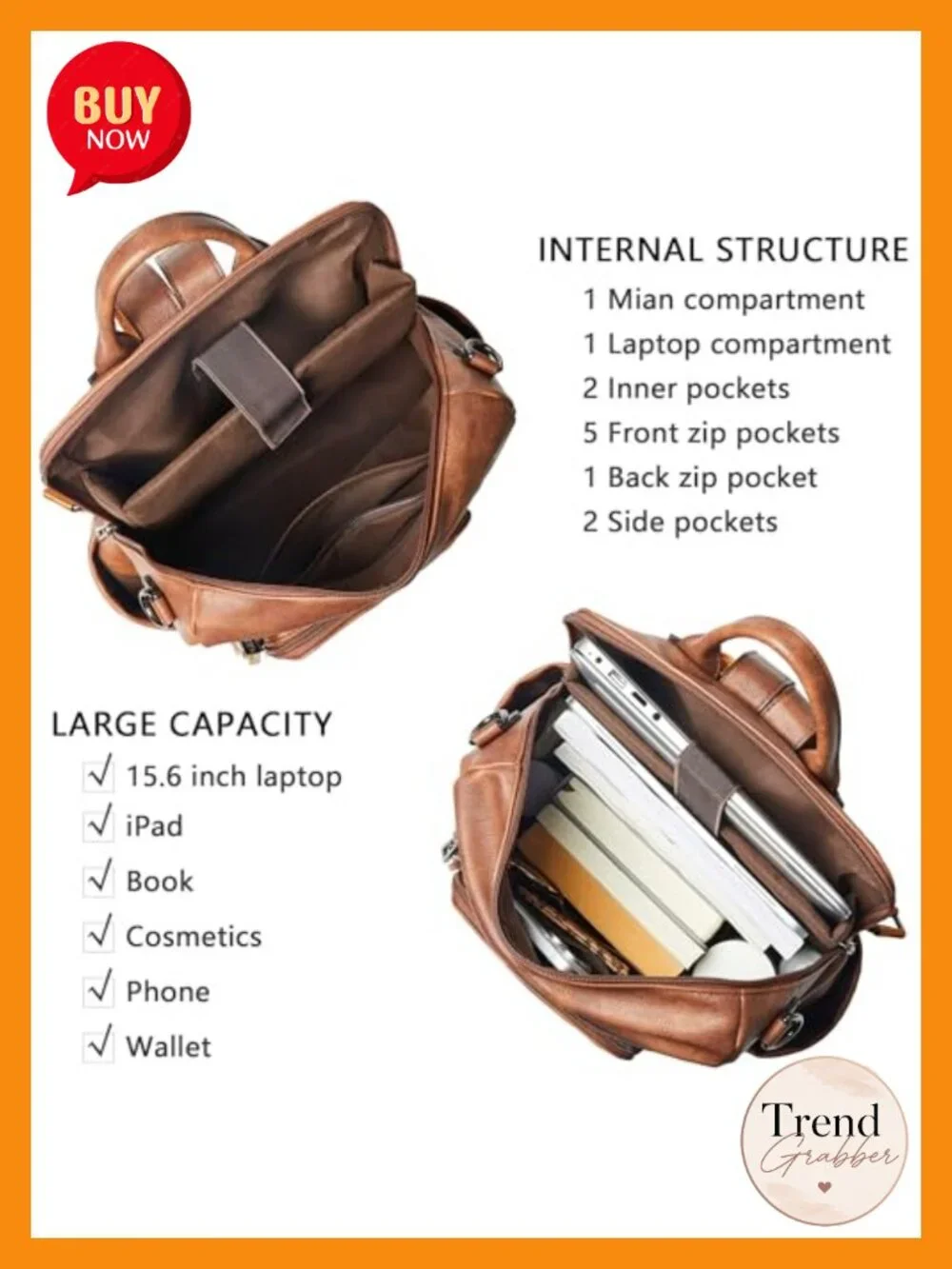 Vegan Leather Laptop Backpack for Women 15.6 inch Work Travel Backpack